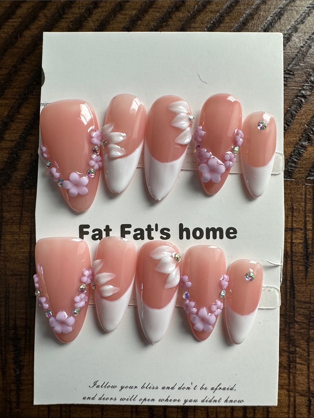Peach Pink Floral Press-On Nail Set with White Tips